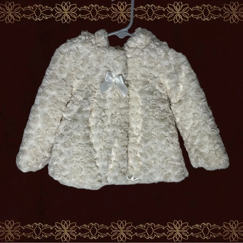 LONDON Fog Girl White Rosette Faux Fur Jacket 12 Month Coat Zipper Button Hooded